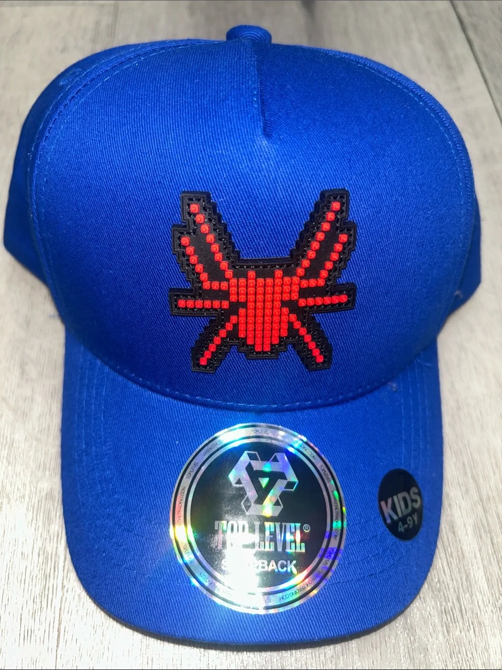 Blue Kids Snapback Hat with Red Pixel Spider Logo NWT